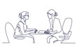 Job interview - vector modern simple one line design composition with recruiter and candidate. Continuous Line Drawing of Two women are talking at the table.
