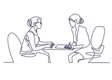 Job Interview - Vector Modern Simple One Line Design Composition With Recruiter And Candidate. Continuous Line Drawing Of Two Women Are Talking At The Table.