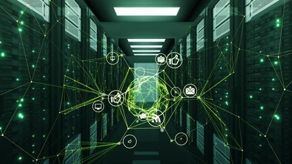 Green Digital Icons Sphere Hologram Rotating in Abstract Connections with Net at Datacenter Server Racks Room. Looped 3d Animation. Business and Technology Concept. 4k Ultra HD 3840x2160.