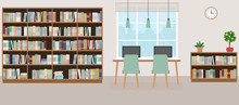 Modern Library Empty Interior With Bookcase, Table, Chairs And Computers. Vector Illustration.

