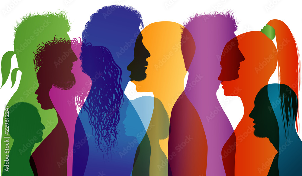 Multi-ethnic people. Group of people of different nationalities. Colored profile silhouette. Multiple exposure - obrazy, fototapety, plakaty 