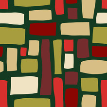 Rectangle Shapes Hand Drawn Abstract Seamless Vector Pattern. Red, Beige, Green Blocks On Green Background. Hand Drawn Background For Christmas Fabric, Page Fills, Digital Paper, Wallpaper, Packaging