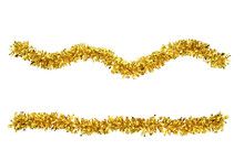 Christmas Gold Tinsel For Decoration. White Isolate