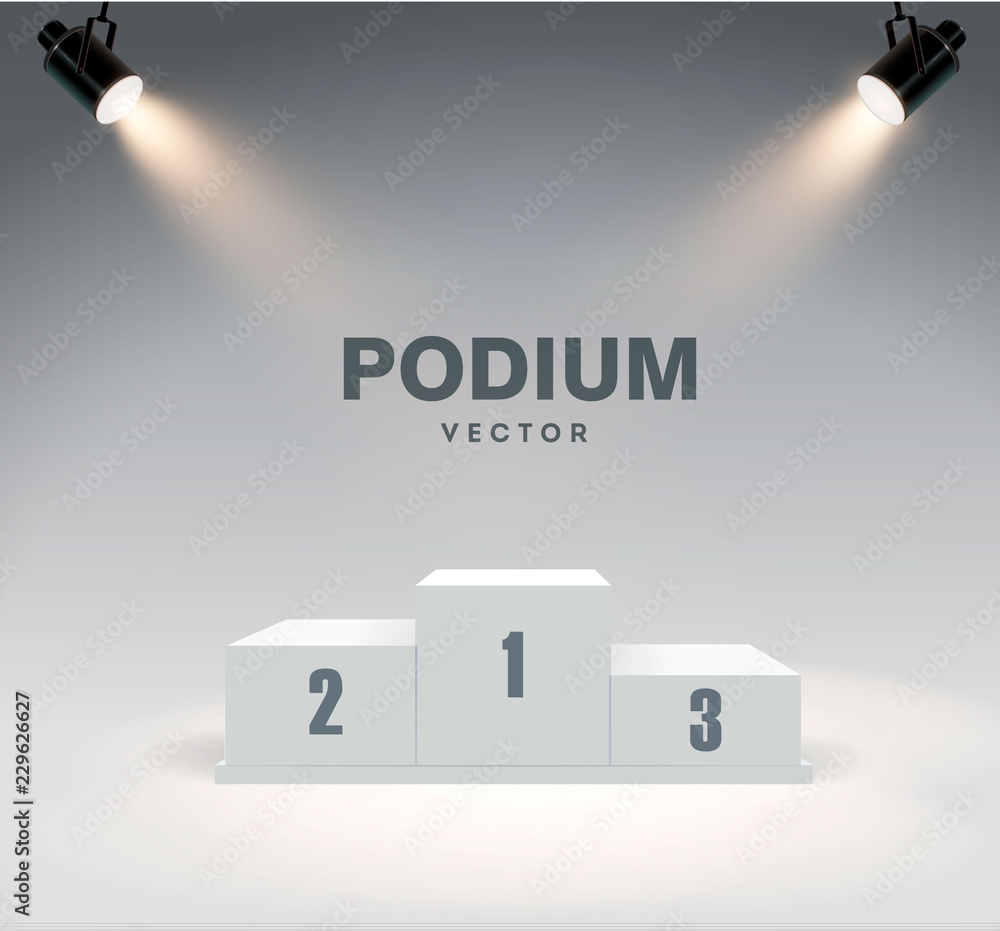 Round podium illuminated by searchlights. Stock vector illustration. - obrazy, fototapety, plakaty 