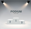 Round podium illuminated by searchlights. Stock vector illustration.