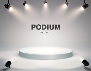 Wall Mural - round podium illuminated by searchlights. stock vector illustration.
