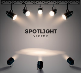 Wall Mural - spotlights with bright white light shining stage vector set. illuminated effect form projector, illu