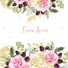 Wall Mural - Wedding cards with golden graphic and watercolor flowers. Rose, lily and berries. 