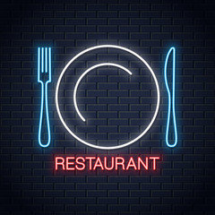 Wall Mural - Plate with fork and knife neon sign. Restaurant neon logo on wall background
