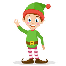 Santa's Helper Elf Waves His Hand And Smiles An A White.