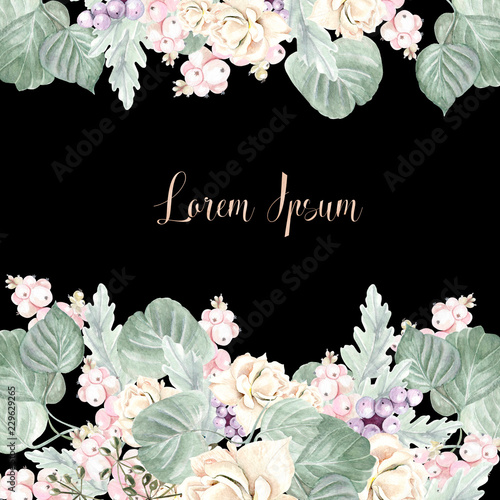 Beautiful watercolor wedding card with leaves and flowers of  roses, berries