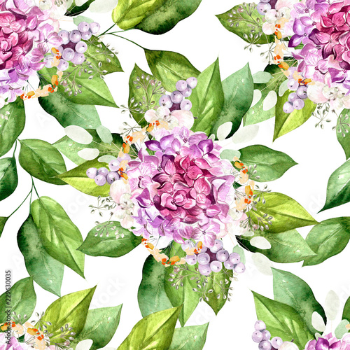 Colorful watercolor pattern with flowers hydrangea, plants and leaves.