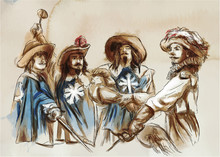 The Three Musketeers. An Hand Drawn Illustration. Freehand Drawing, Painting. Vector