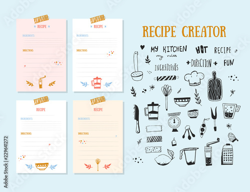 Cuadros en Lienzo Modern Recipe card template set for cookbook