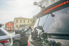 Camera Gimbal On The Car Steadicam Keeps On Suckers On The Auto Car