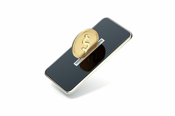 Mobile phone as piggy bank with golden coin on its screen, 3d rendering.