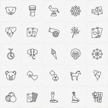 Circus Line Icon Set With Drum, Horse And Panther