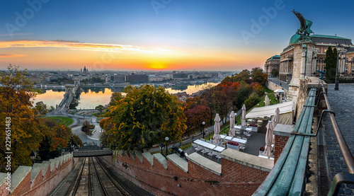 Budapest Hungary Budapest Castle Hill Funicular Budavari Siklo Track And Buda Castle Royal Palace At Sunrise Szechenyi Chain Bridge River Danube St Stephen S Basilica And Skyline Of Pest Stock Photo