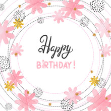 Happy Birthday Card Design With Abstract Watercolor Pink Flowers.