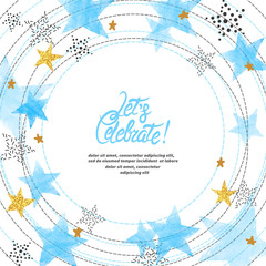 abstract circle vector celebration background with blue watercolor stars and place for text.
