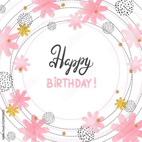 Happy Birthday card design with abstract watercolor pink flowers.
