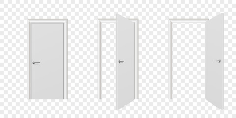 Vector Realistic Different Opened and Closed White Wooden Door Icon Set Closeup Isolated on Transparent Background. Elements of Architecture. Design Template of Modern Door for Graphics. Front View