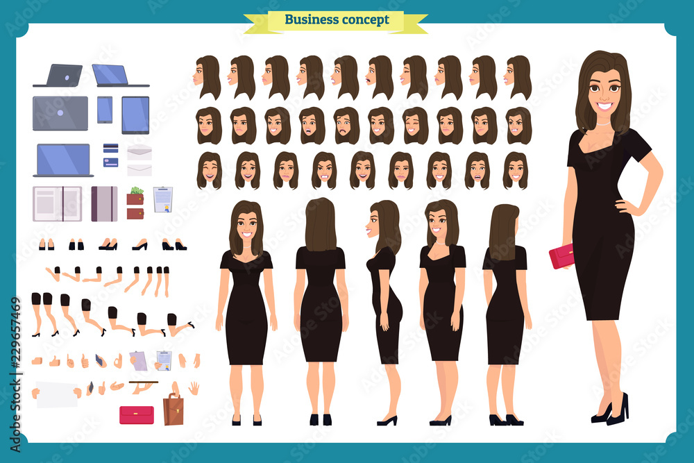 Girl in evening dress character creation set. Party woman in black trendy luxury gown. Full length, different views, gestures. Build your own design. Cartoon flat-style infographic illustration