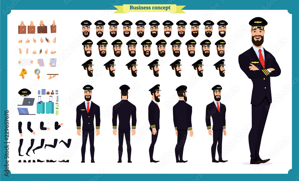 Pilot character creation set.Icons with different types of faces and hair style, emotions,front,rear,side view of male person.Moving arms,legs.Vector illustration Isolated - obrazy, fototapety, plakaty 