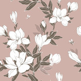 Fototapeta Storczyk - Vintage Magnolia flowers and buds. Seamless pattern. Vector Illustration