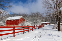 Agriculture And Rural Life At Winter Background.Rural Landscape With Red Barn, Wooden Red Fence And Trees Covered By Fresh Snow In Sunlight. Scenic Winter View At Wisconsin, Midwest USA, Madison Area.