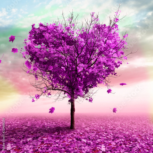 Obraz w ramie 3D illustration - Autumn tree in the shape of a heart, purple color