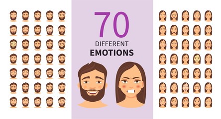 vector set of cartoon characters with different emotions. young man and woman.