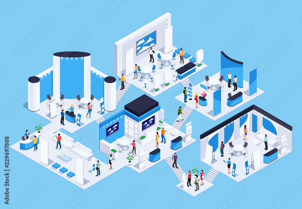 Isometric exhibition hall with people. - obrazy, fototapety, plakaty 