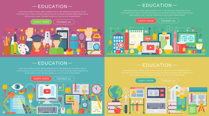 Aufkleber - Vector collection of flat education design concepts set. Back to school horizontal concept with school icons items.