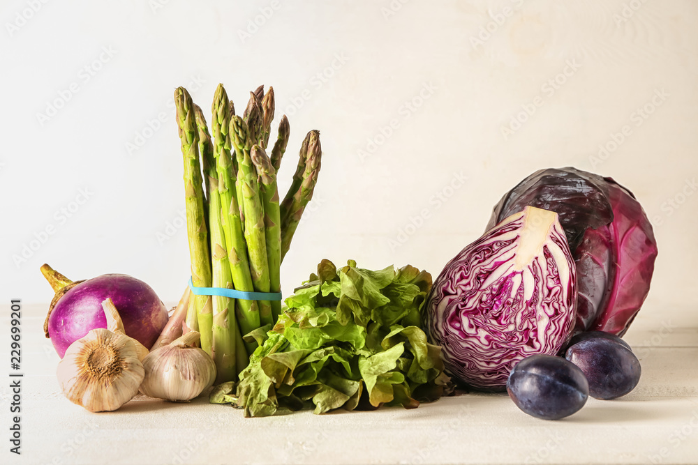 Various fresh vegetables on light table