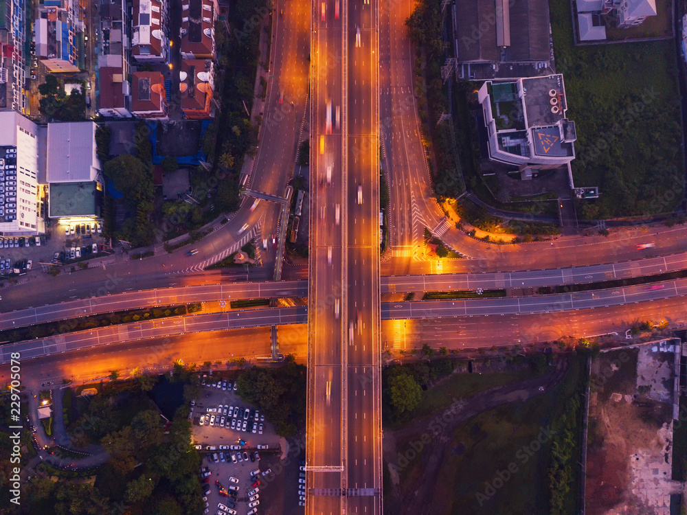 Aerial view of highway junctions. Bridge roads shape letter x cross in structure of architecture concept. Top view. Urban city, Bangkok, Thailand. - obrazy, fototapety, plakaty 