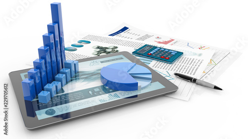 Fotografía bar graph, tablet and report paper isolated on white