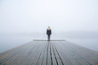 Young woman standing alone on edge of footbridge and staring at lake. Mist over water. Foggy air. Early chilly morning in autumn. Beautiful freedom moment and peaceful atmosphere in nature. Back view.