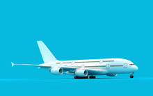 White Airplane Airbus A380 Ready To Take-off Isolated On Blue Background. Right Side View. 3D Illustration.