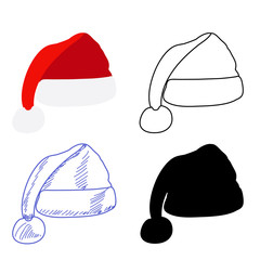 Wall Mural - vector, isolated, set of Santa Claus hat with silhouette and sketch
