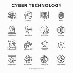 Cyber technology thin line icons set: ai, virtual reality glasses, bionics, robotics, global network, computer game, microprocessor, nano robots, blockchain, electronic eye. Vector illustration.