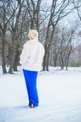 Winter holiday concept. Inspiration and fairy cold time. Woman in fashionable dress and fur coat at park . Pretty nice lady outdoor, holiday days, snowy magical christmas time
 