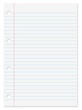 Blank Lined White Paper Sheet From Notebook Background With Blue Lines, Margin, Holes And Drop Shadow With Copy Space.