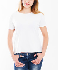 Sticker - cropped portrait woman in white t-shirt isolation on white background, blank,copy space