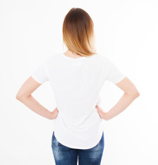 Wall Mural - back view girl,woman in white t-shirt isolation on white background, blank,copy space