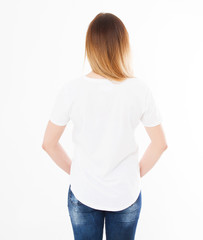 Sticker - back view girl,woman in white t-shirt isolation on white background, blank,copy space