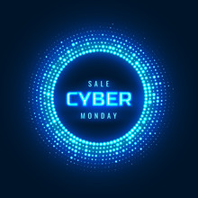 Cyber Monday concept banner with neon glowing halftone circle. Luminous cyber design element. Vector futuristic promotional background