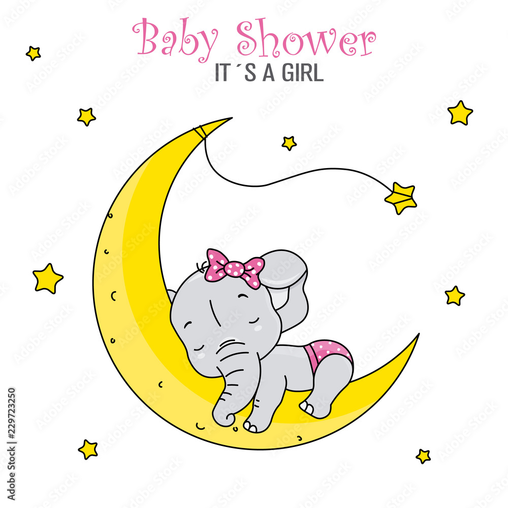 baby shower girl. Cute elephant sleeping on the moon Stock Vector ...