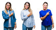 © Krakenimages.com - Collage of young beautiful woman wearing glasses over isolated background cheerful with a smile of face pointing with hand and finger up to the side with happy and natural expression on face