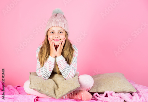 Fotografie, Obraz Kid girl wear cute knitted fashionable hat and comfortable cozy clothes